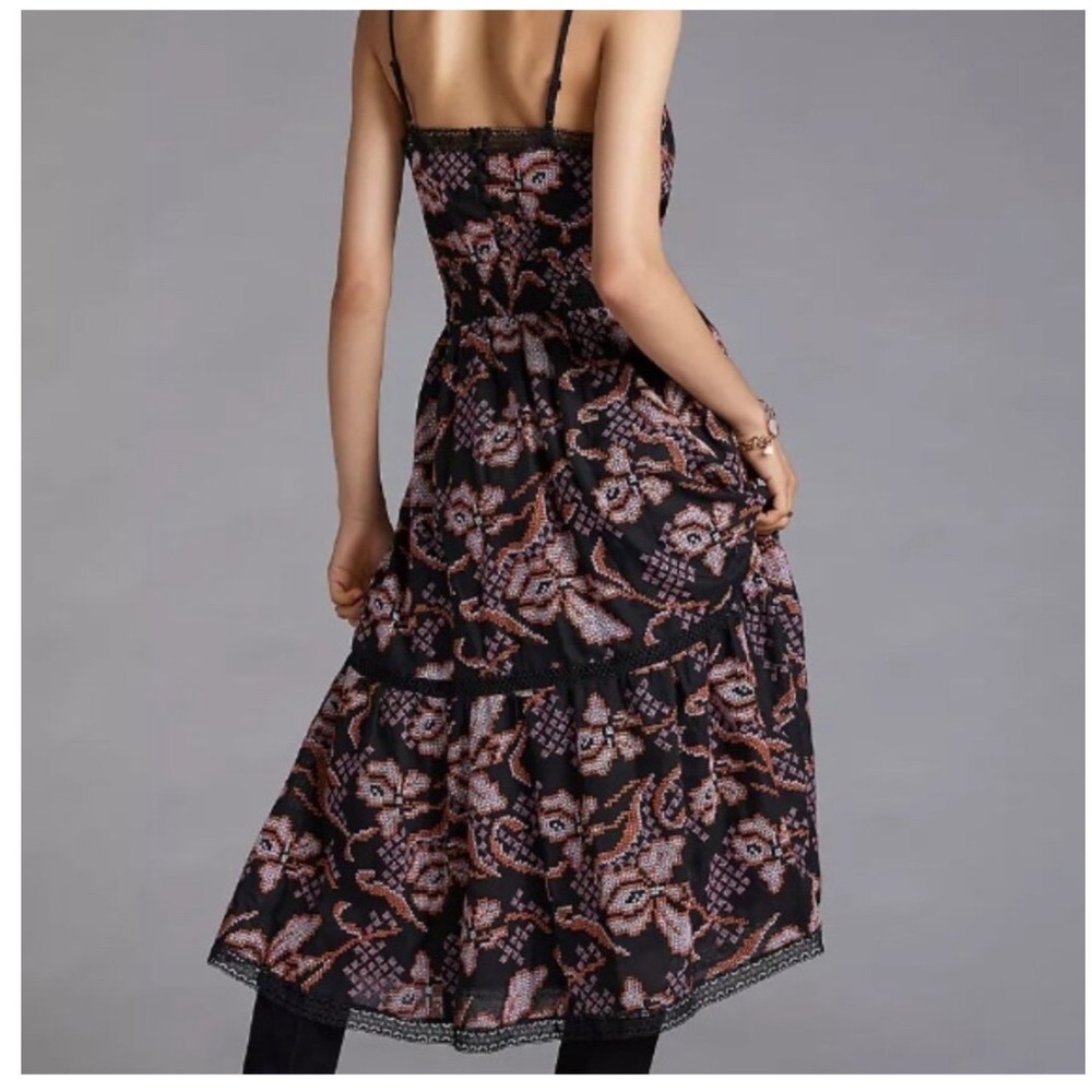 Anthropologie Embroidered Cross Stitch Floral Midi Dress Black Small Lace Trim - Picture 2 of 14
